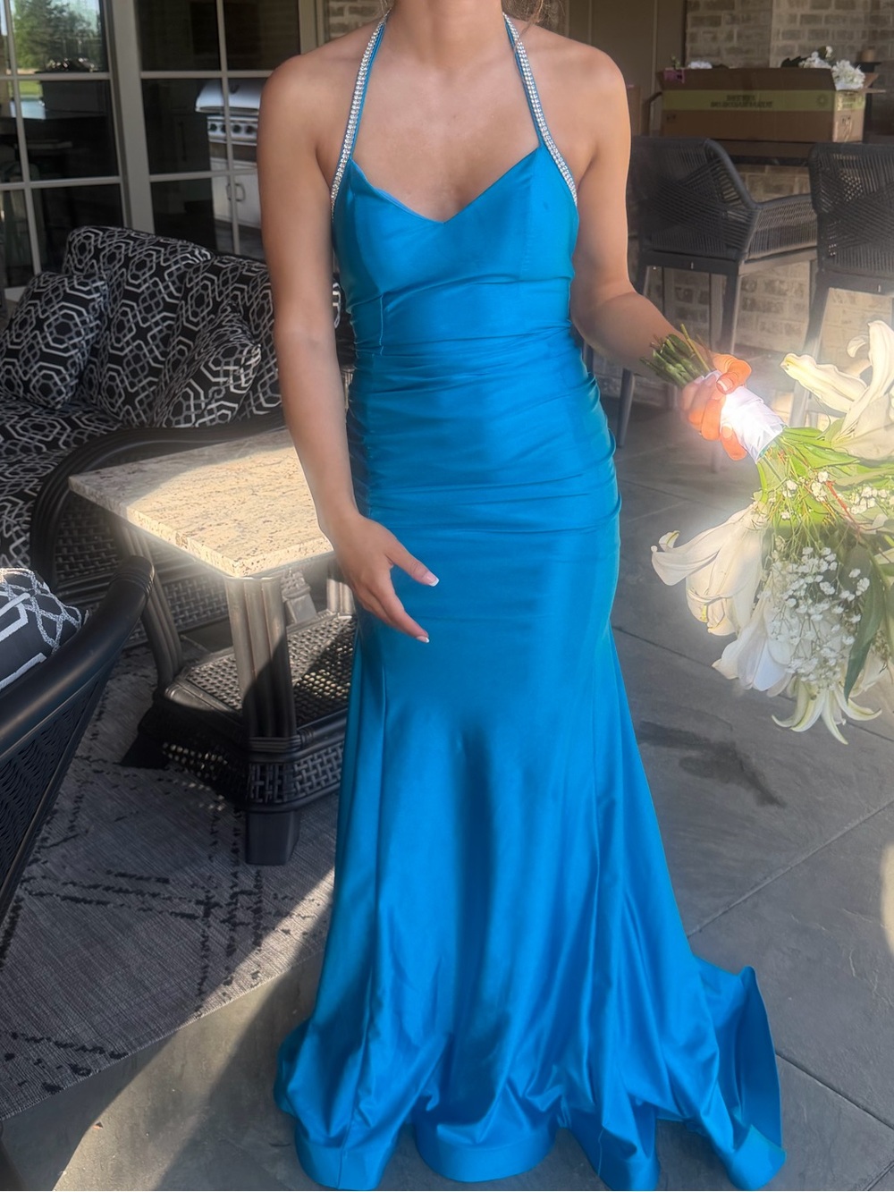 Satin Halter Mermaid Prom Dress in Teal with Rhinestone Straps